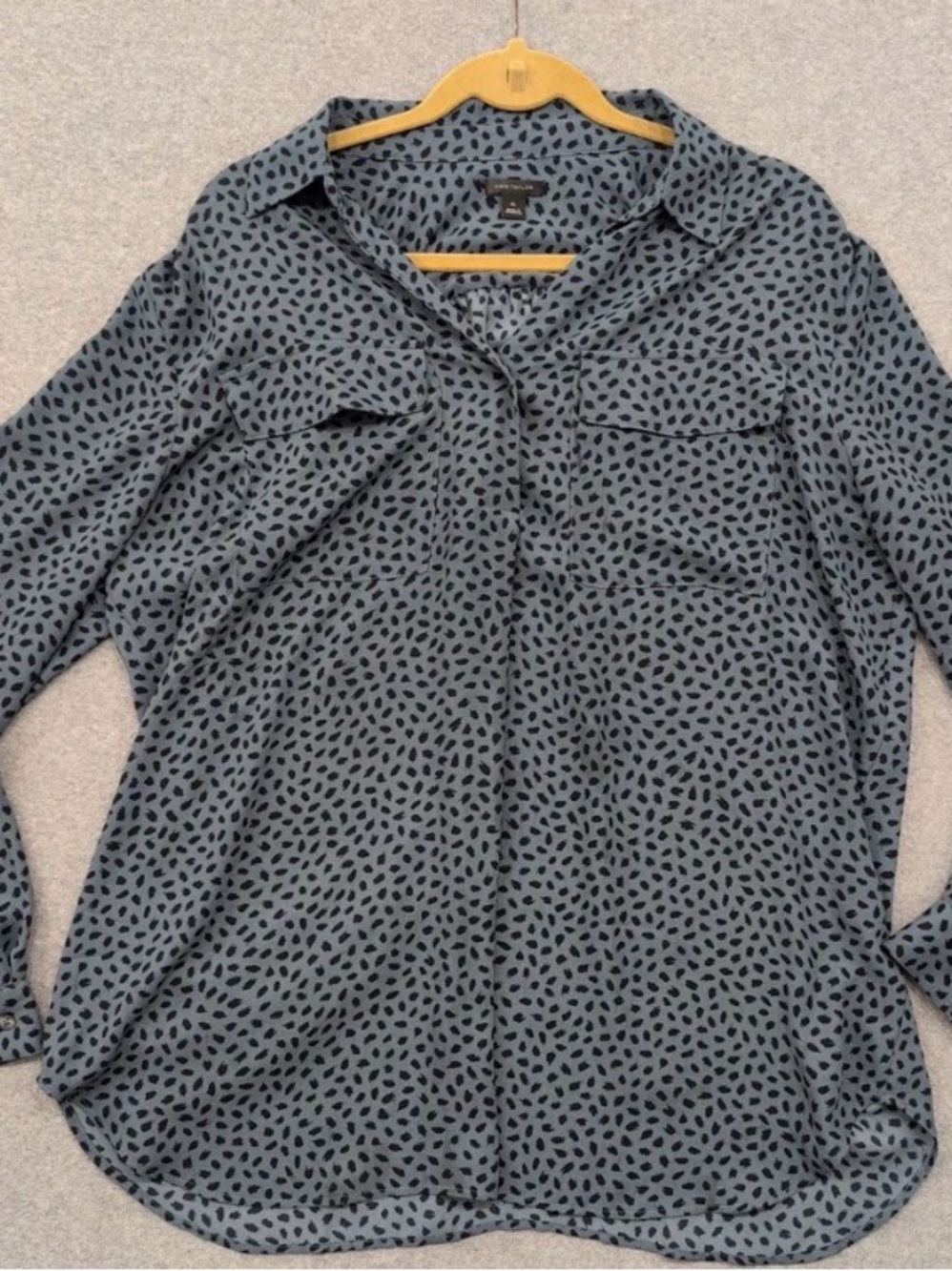 Ann Taylor Slate Blue Button-Down Blouse with black dot print XL